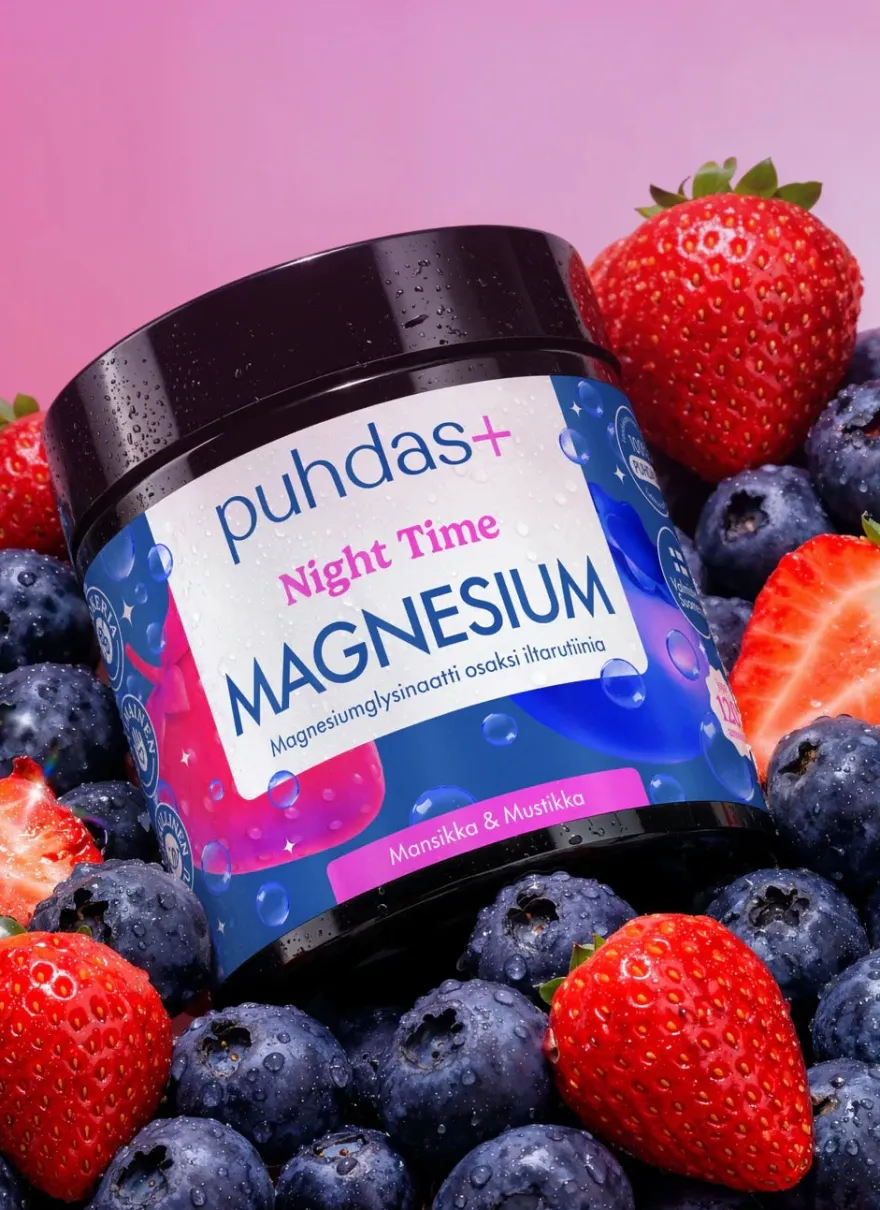 Puhdas+ Night Time Magnesium Mansikka-Mustikka