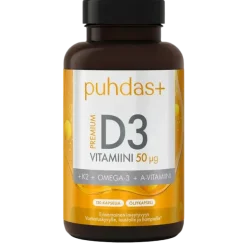 Puhdas+ Premium D3-vitamiini 50 µg + K2 + Omega-3 + A-vitamiini