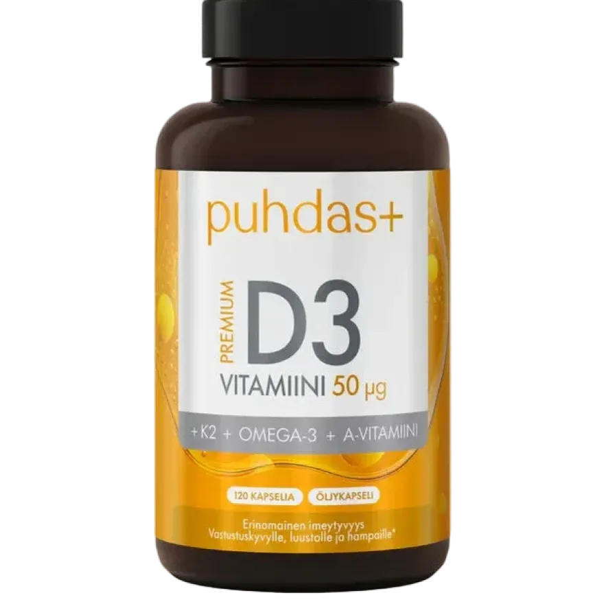 Puhdas+ Premium D3-vitamiini 50 µg + K2 + Omega-3 + A-vitamiini