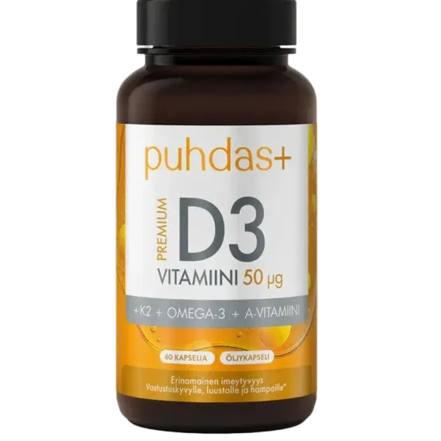 Puhdas+ Premium D3-vitamiini 50 µg + K2 + Omega-3 + A-vitamiini