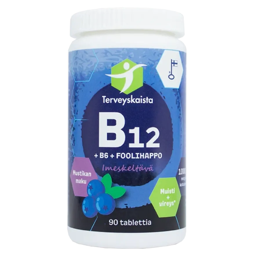Terveyskaista Pitkävaikutteinen B12+B6+Foolihappo Mustikka